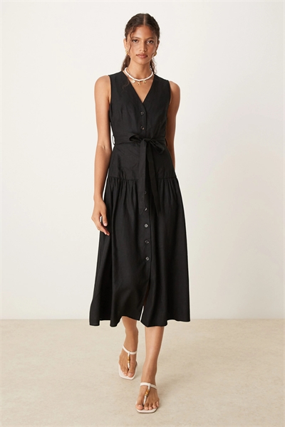 Платье средней длины с завязкой на талии и пуговицами, имитирующее льняную ткань артикул 148917023