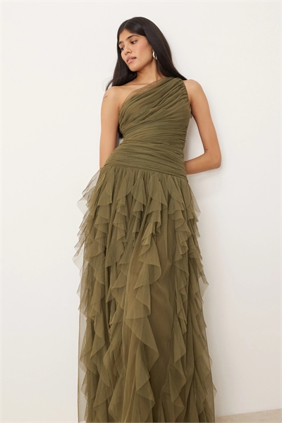 Макси-платье для подружки невесты с одним плечом, воланами и водопадным силуэтом артикул 149954750