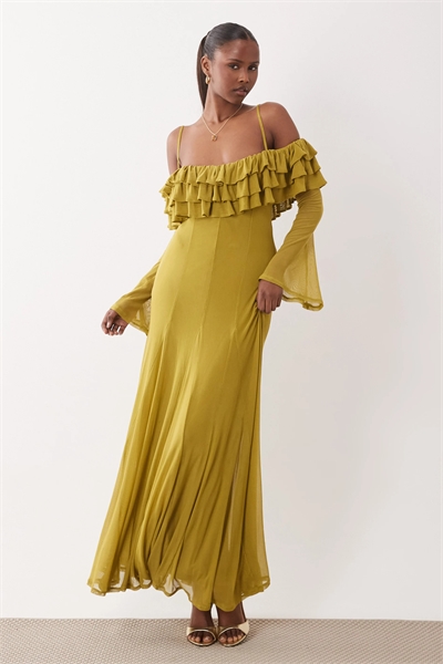 Макси-платье из сетчатой ткани с открытыми плечами, оборками и широкими клиновидными вставками артикул 156132820