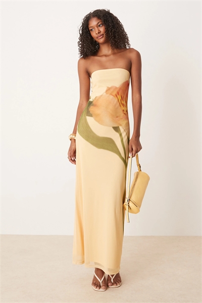 Макси-платье-бандо с принтом в виде цветочных мотивов, нанесенных на сетчатую ткань артикул 148040144