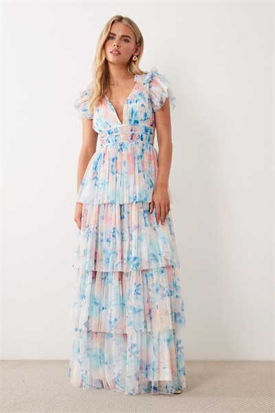 Макси-платье из тюля с воланами на плечах и многослойным кроем артикул 155813567