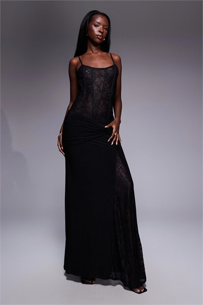 Макси-платье с кружевным корсетом и юбкой из цельных панелей артикул 151451334