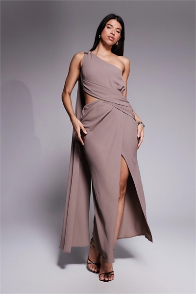 Асимметричное макси-платье из крепа на одном плече с золотой отделкой артикул 148817675