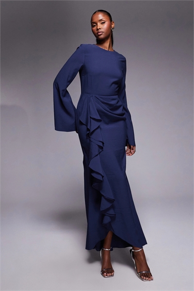 Макси-платье с длинными рукавами и юбкой с оборками артикул 152152962