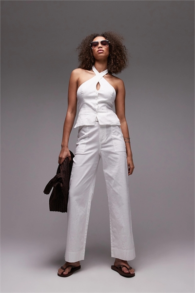 Брюки из льна с широкими брючинами и акцентом на поясе co-ord артикул 140393887