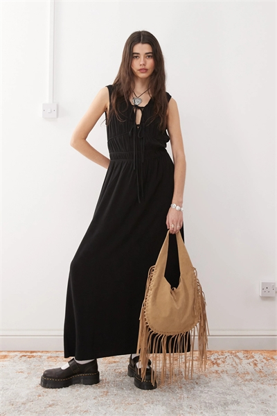 Макси-сарафан из смешанного льна с рюшами и завязками артикул 141461904