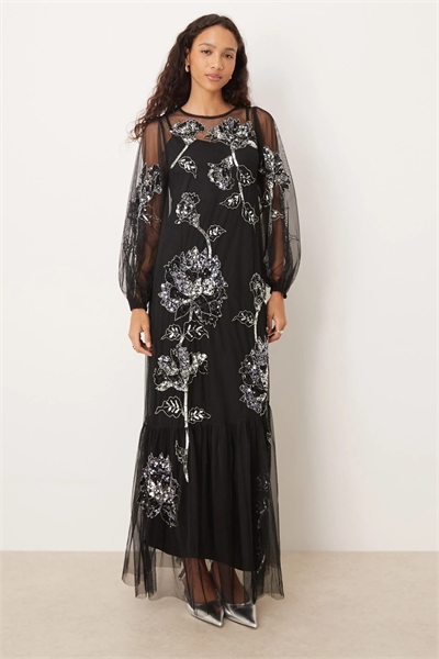 Макси-платье с длинными рукавами и тюлевым верхним слоем с цветочным декором артикул 149739572