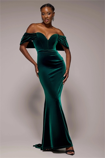 Бархатное макси-платье с открытыми плечами и глубоким вырезом артикул 154062019