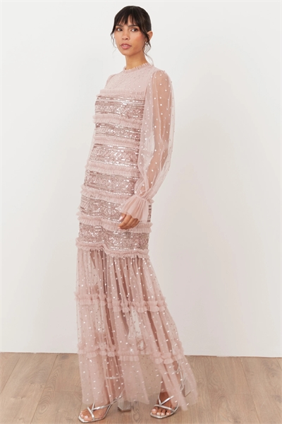 Макси-платье из тюля с длинными рукавами и декоративными элементами артикул 154475881