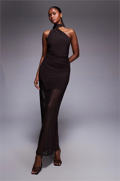 Макси-платье с эксклюзивной сетчатой накладкой на горловине и прозрачным подолом артикул 154584728