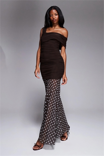 Эксклюзивное двухслойное облегающее асимметричное макси-платье с одним плечом и прозрачным подолом артикул 151703964