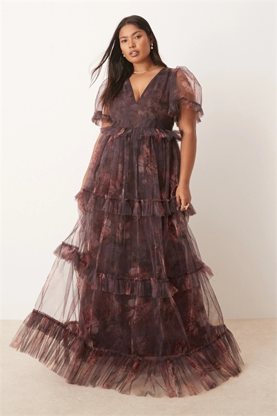 Макси-платье с прозрачными рукавами с оборками и прозрачной юбкой артикул 149761621