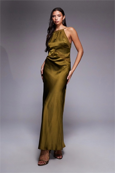 Макси-платье квадратного кроя с высоким воротником из смеси атласа и шифона артикул 152429817