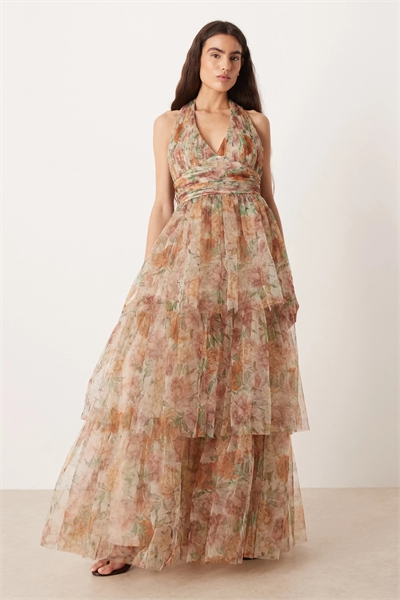 Макси-платье из тюля с завязками на шее и многослойным силуэтом артикул 153786439