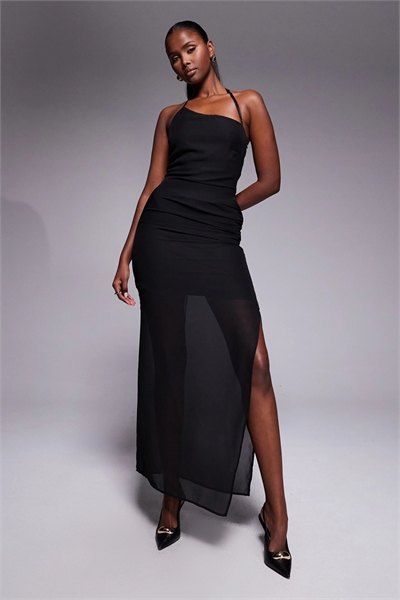 Эксклюзивное макси-платье из шифона с завязками на шее, открытой спиной и прозрачным подолом артикул 152835413