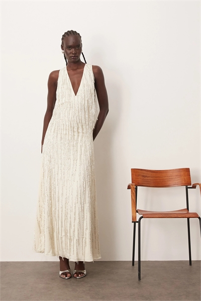 Макси-платье с бахромой из бусин и разрезами артикул 148707932