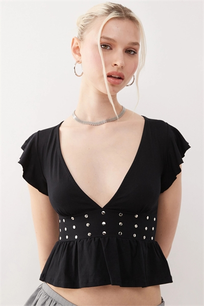 Топ с глубоким вырезом, оборками на рукавах и заклепками от Leisma артикул 143373993