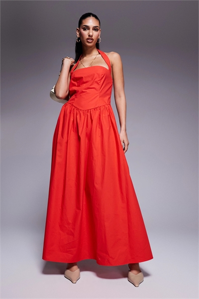 Эксклюзивное макси-платье с квадратным вырезом и завязками за шеей из поплина с высоким содержанием хлопка артикул 140075372