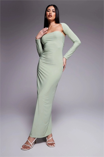 Эксклюзивное двухслойное облегающее макси-платье-бандо с длиннорукавным болеро артикул 143139978