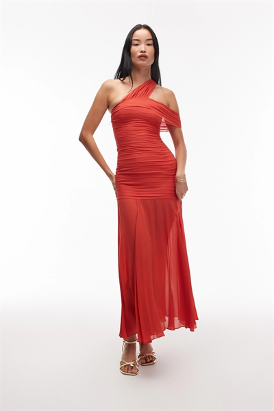 Макси-платье из смешанных тканей с асимметричным вырезом на плече и прозрачным подолом артикул 148306086