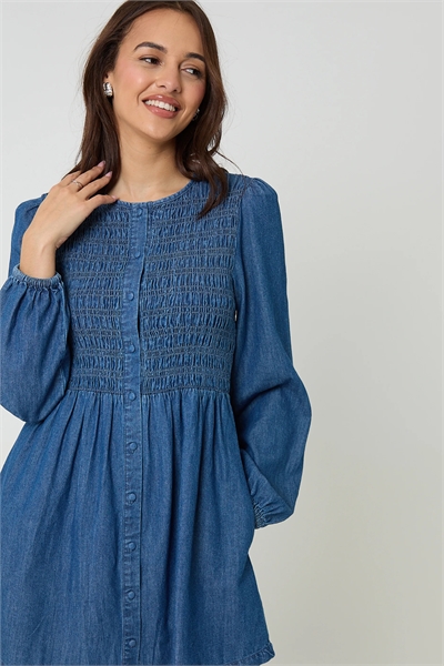 Мини-платье из джинсовой ткани с рюшами и пуговицами артикул 155550465