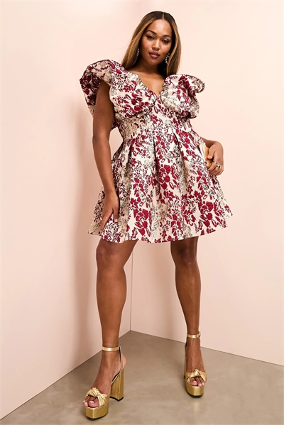 Платье с глубоким вырезом и пышной юбкой из жаккарда с цветочным узором артикул 132920335