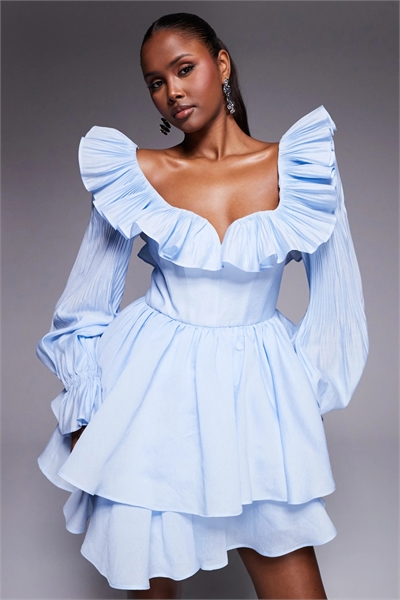 Многослойное мини-платье с длинными рукавами и плиссированными вставками артикул 140437302