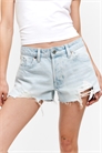 Мини-шорты из денима с низкой посадкой и необработанным подолом 1272330003 - Фото 13954370