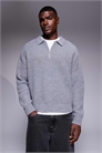 Свободный крой, тяжелая трикотажная смесовая шерсть, четверть-молния, поло, серый меланж артикул 142202082