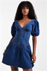 Мини-платье из денима с буфчатыми рукавами артикул 147663540