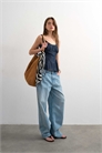 Топ из денима с сборками на груди и баской артикул 151448667