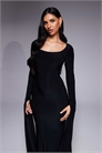 Макси-платье с вырезом «лодочка», длинными рукавами с эффектной драпировкой и длиной до пола, черного цвета артикул 155092537