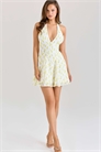 Мини-платье из жоржет с цветочным принтом «Ирис» и лимонным оттенком, с завязками на шее артикул 150705012