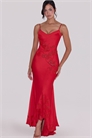 Длинное атласное платье Anastelle красного цвета с ручной вышивкой бисером артикул 155774578