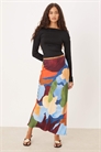 Атласная юбка макси с абстрактным принтом синего цвета артикул 150263265