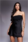 Мини-платье из атласа с открытыми плечами, шифоновым бантом и завязками на спине артикул 140137394