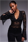 Топ из кружева с полупрозрачной тканью, глубоким вырезом и длинными рукавами-трубочками артикул 153533264
