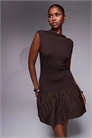 Мини-платье с вырезом на шее и юбкой из смешанной ткани с добавлением поплина артикул 153892020